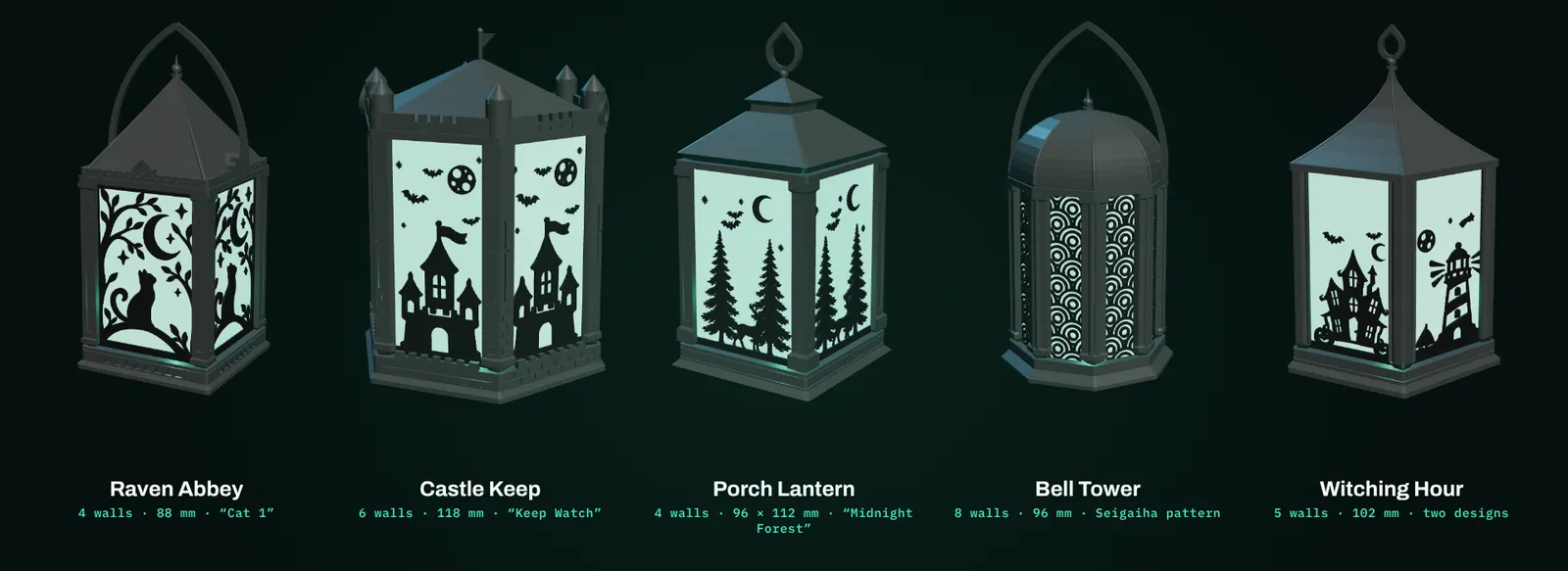 Five lanterns generated with LanternStudio: Raven Abbey, Castle Keep, Porch Lantern, Bell Tower and Witching Hour