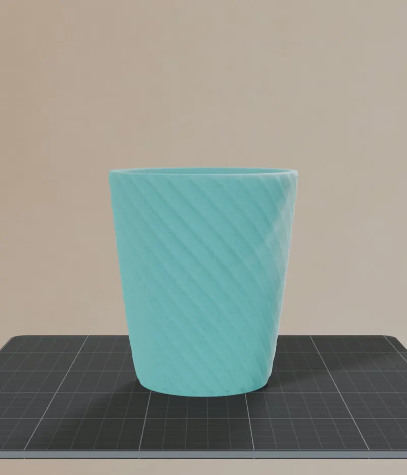 Cyan tumbler with spiral fluting, rendered on a print bed