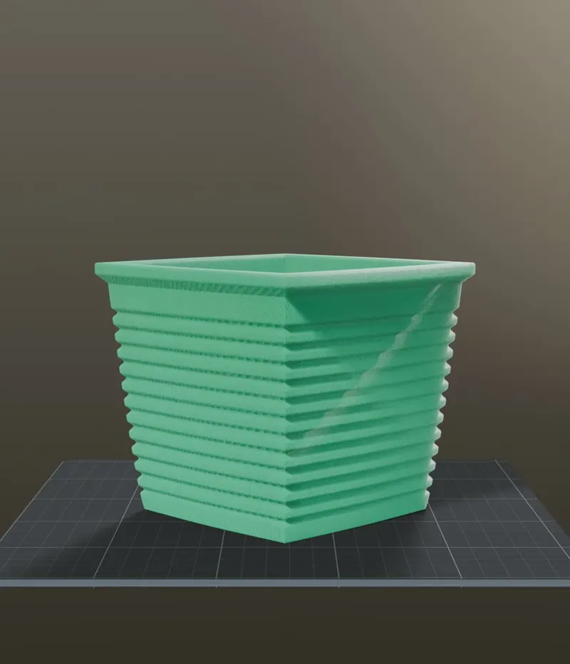 Square pot with horizontal ribs, rendered on a print bed