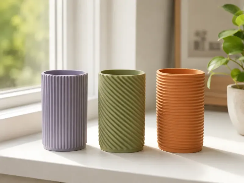 Three ribbed cups designed in Bowl Builder, printed in purple, green and orange