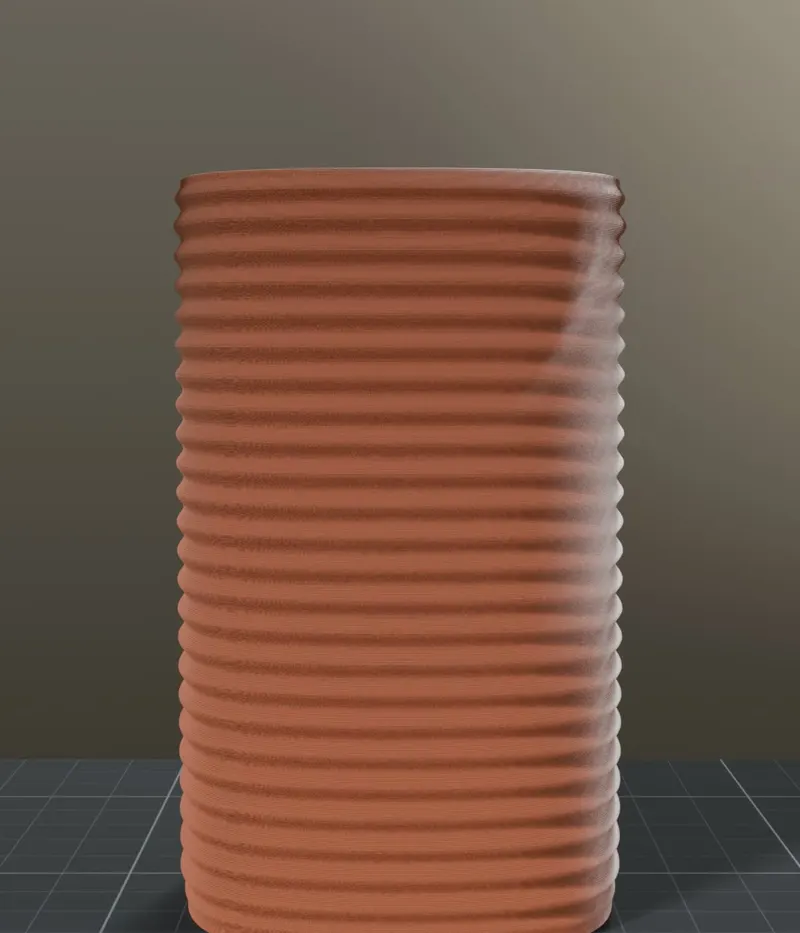 Tall cup with horizontal bands, rendered on a print bed